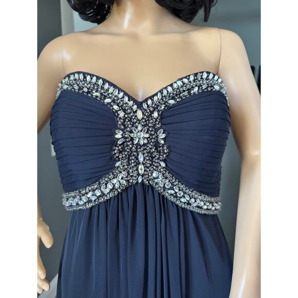 XSCAPE Navy Chiffon Jeweled Bodice Empire A-Line strapless Evening Gown 8 - Picture 13 of 16
